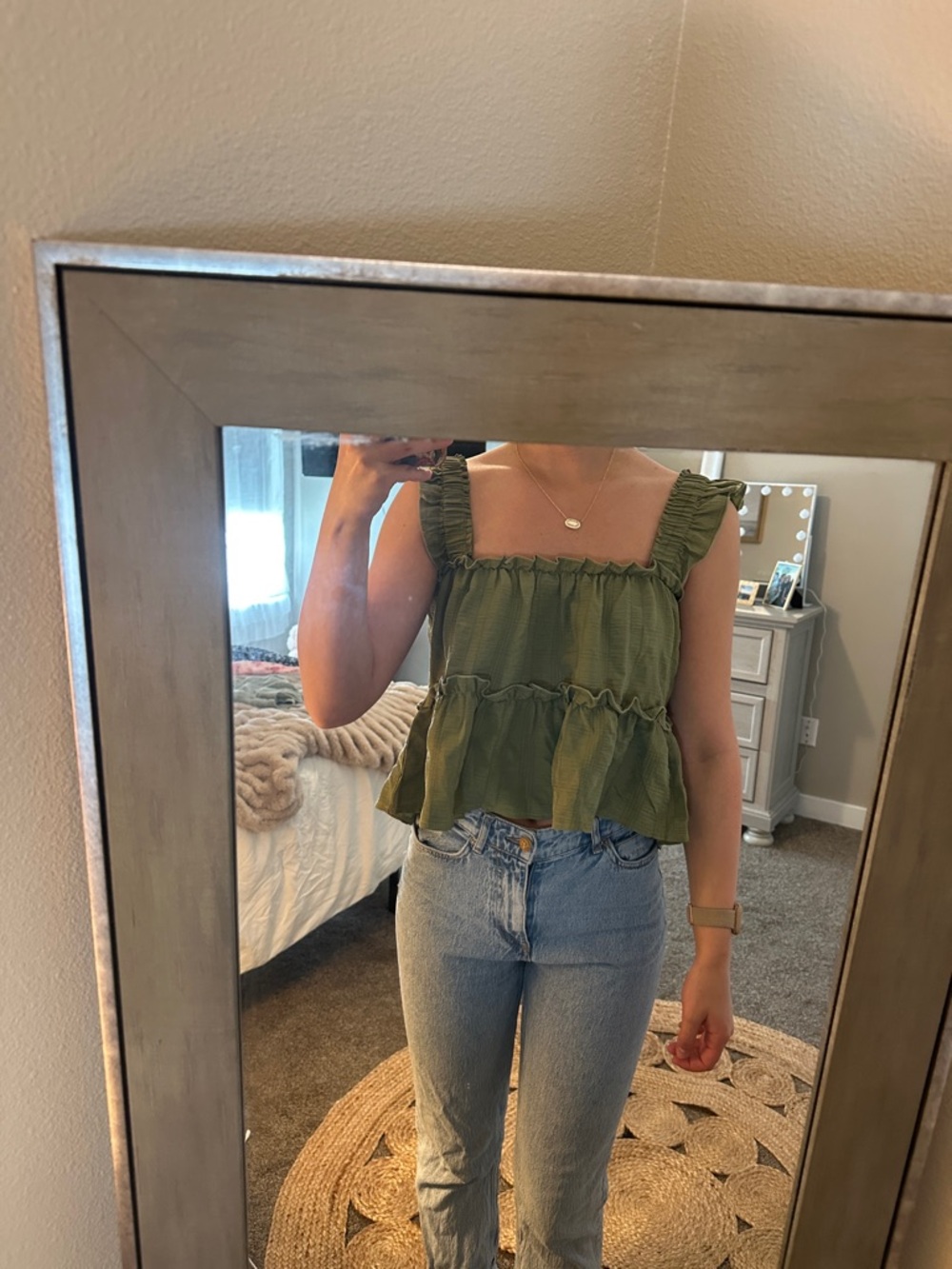 SHEIN Olive Green Ruffle Strap Peplum Tank Top